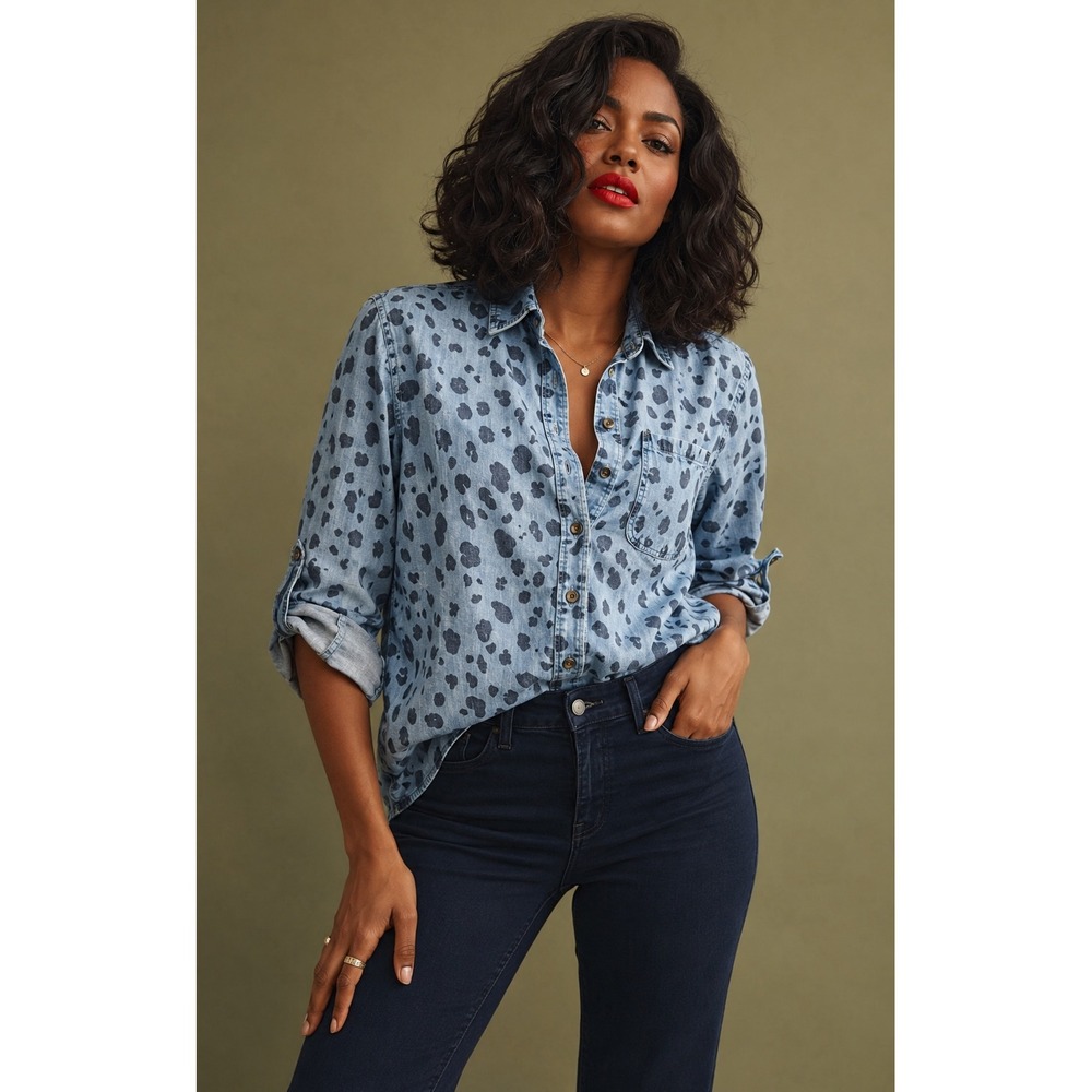 Side Stitch Los Angeles Leopard Print Lyocell Button Down Shirt Blue S Safari